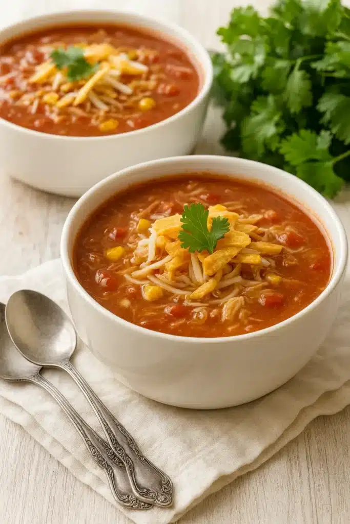 Two bowls of Crock Pot Chicken Tortilla Soup topped with cheese and tortilla strips