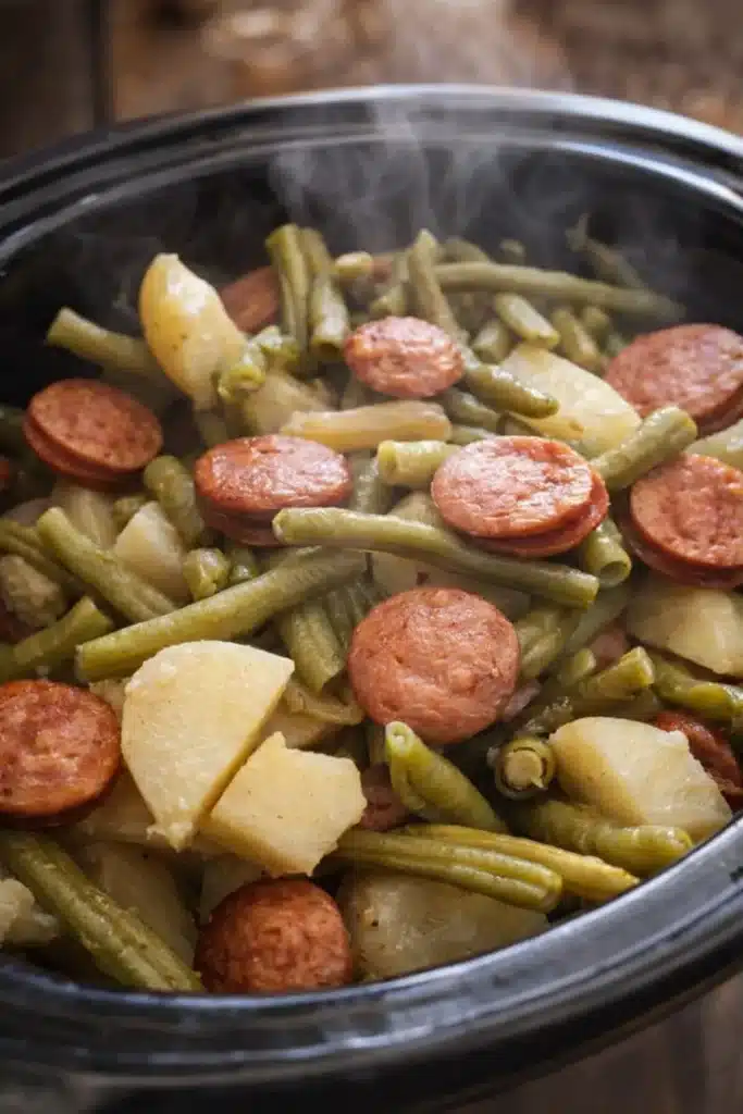 Crockpot Kielbasa and Green Beans | Easy Family Dinner 6 Crockpot kielbasa and green beans with potatoes steaming in a slow cooker
