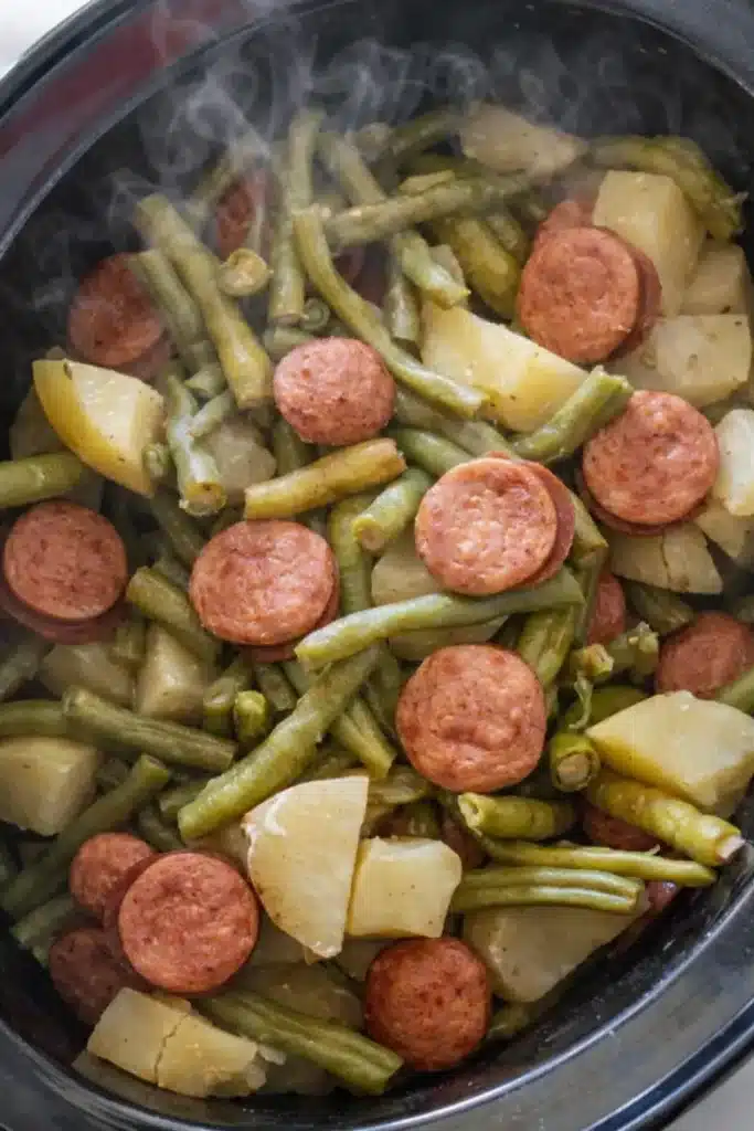 Crockpot kielbasa and green beans with potatoes steaming in black slow cooker