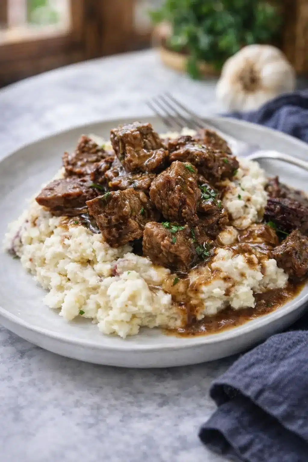 home 19 Crockpot steak bites with gravy over mashed potatoes on a white plate