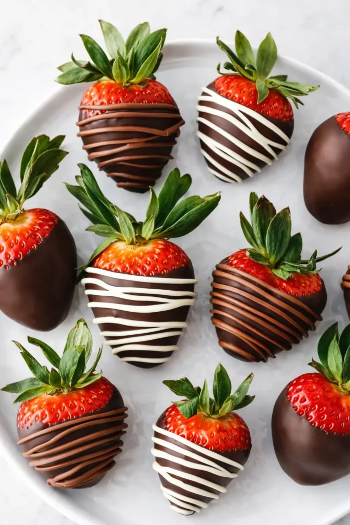 Decorated chocolate covered strawberries with white and milk chocolate drizzle