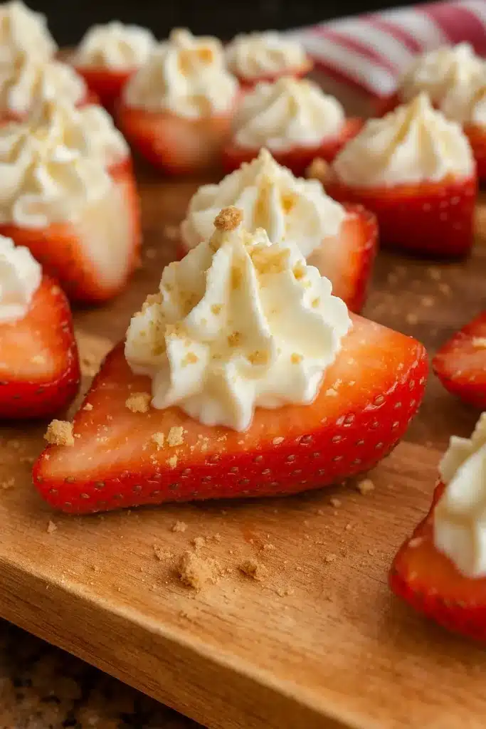 Deviled Strawberries – Easy & Delicious No-Bake Dessert 9 deviled strawberries with cheesecake cream on wooden board