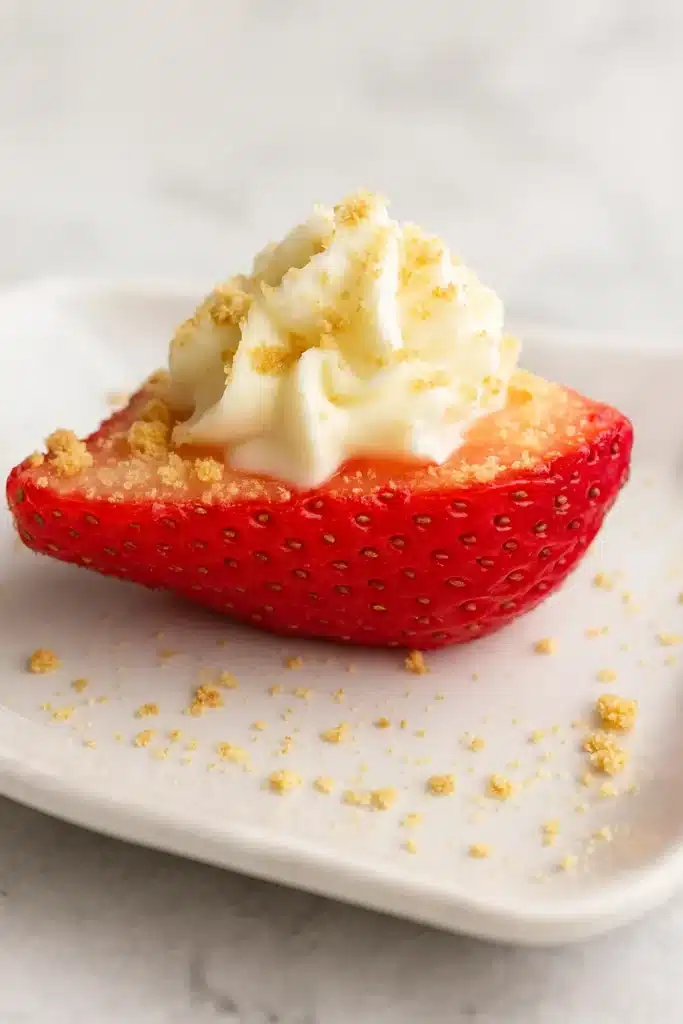 Deviled Strawberries – Easy & Delicious No-Bake Dessert 7 Close-up deviled strawberry with cheesecake cream and graham crumbs