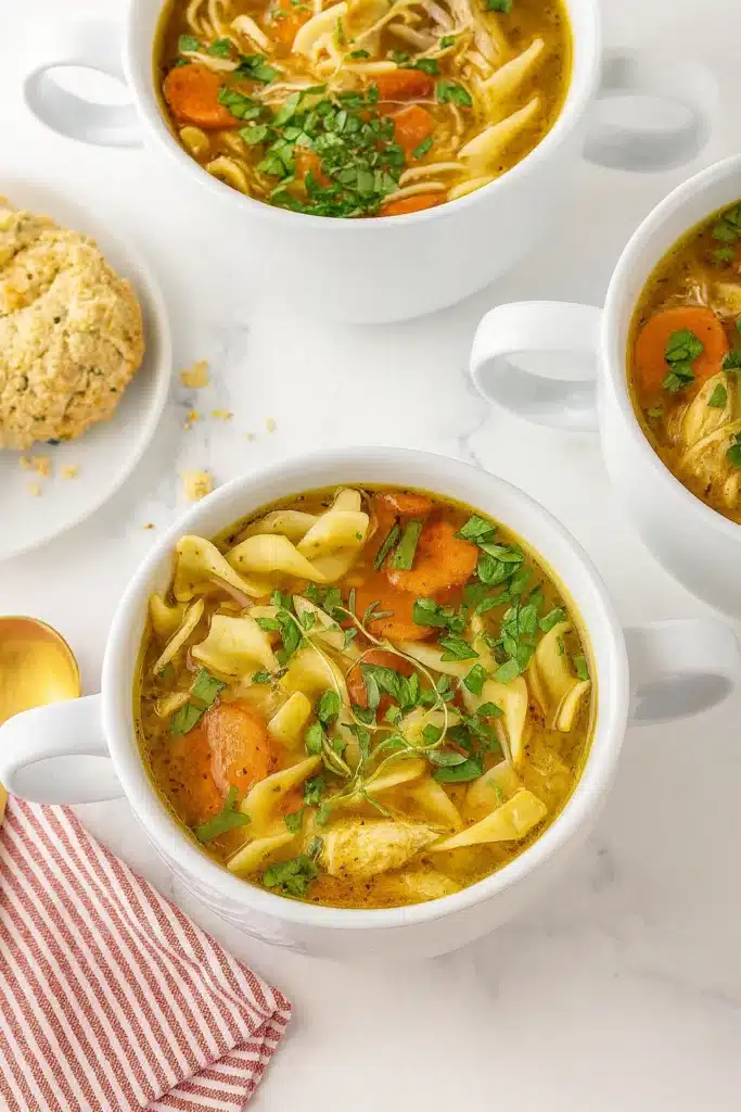 Bowls of chicken noodle soup with egg noodles and red napkin