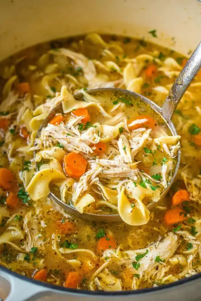 Ladle lifting easy chicken noodle soup with egg noodles and carrots