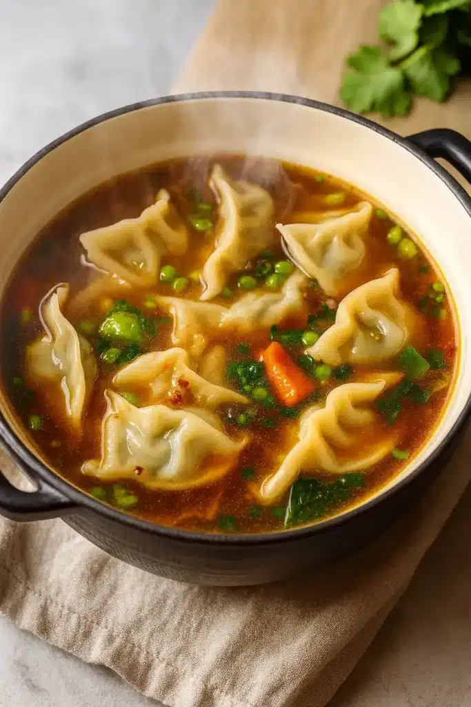 Easy potsticker soup simmering in pot with dumplings, carrots, and scallions