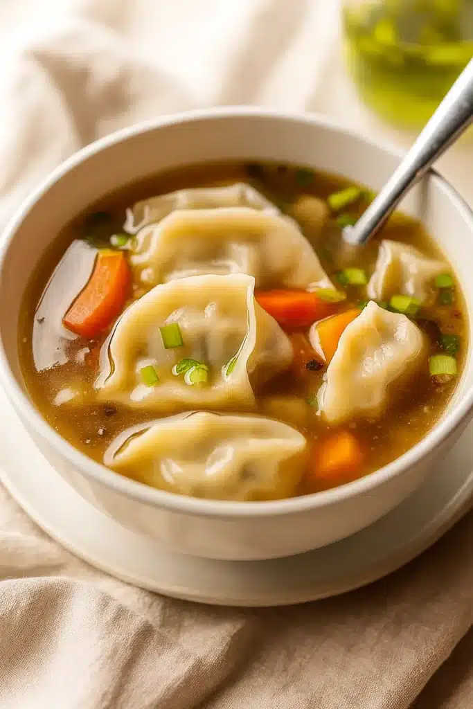 Easy potsticker soup with chicken dumplings, carrots, and scallions in golden broth