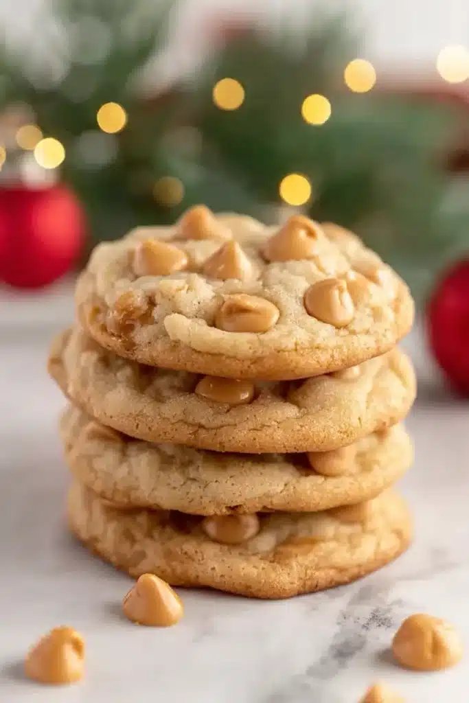 Stack of golden butterscotch cookies with holiday lights in background