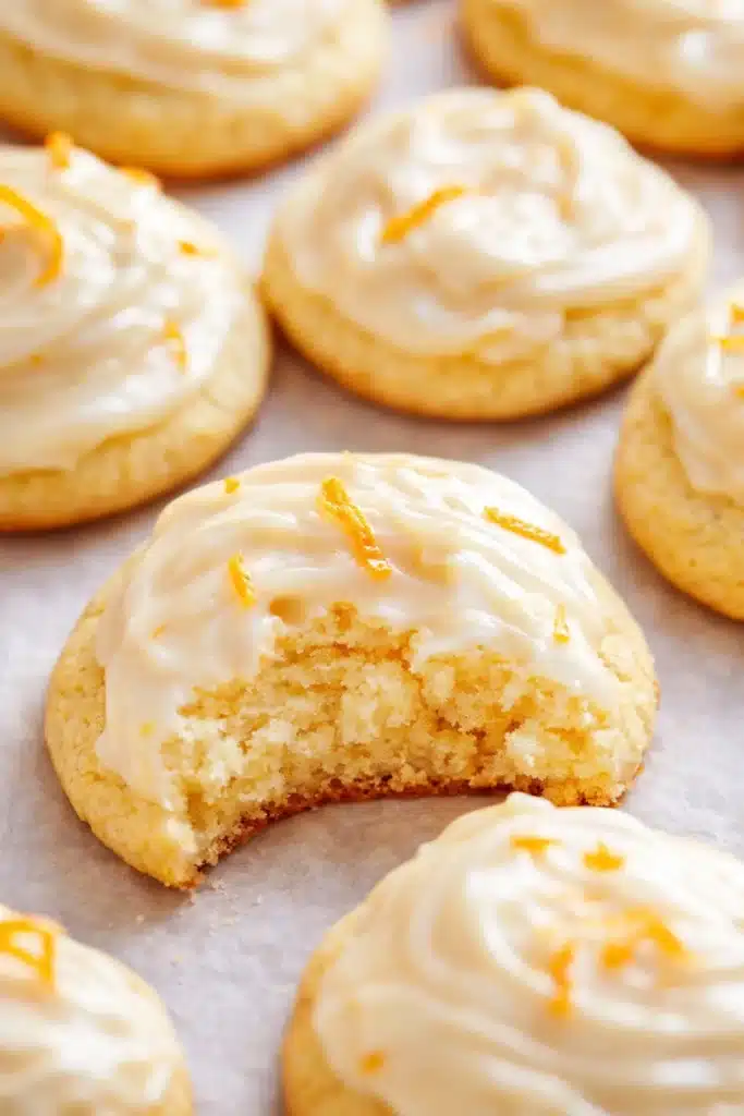 Easy Christmas Cookies with Orange Juice | Simple & Delicious 5 Soft orange cookie with creamy glaze and bite on white-gray background