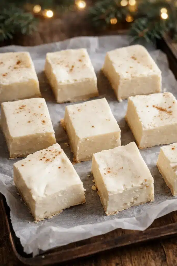 Creamy eggnog fudge squares with nutmeg on parchment paper