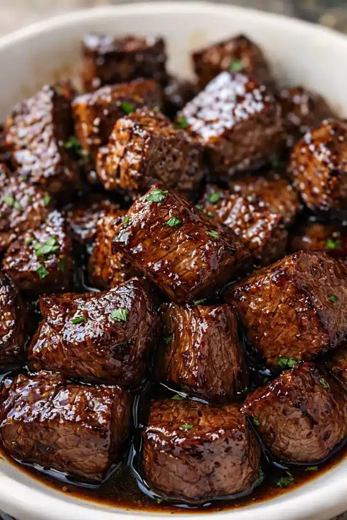  Easy Crockpot Steak Bites glazed in garlic butter soy sauce