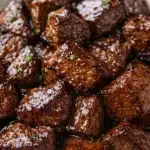 Easy Crockpot Steak Bites glazed in garlic butter soy sauce in a white bowl
