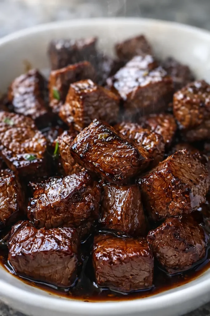 Easy Crockpot Steak Bites with garlic soy butter glaze