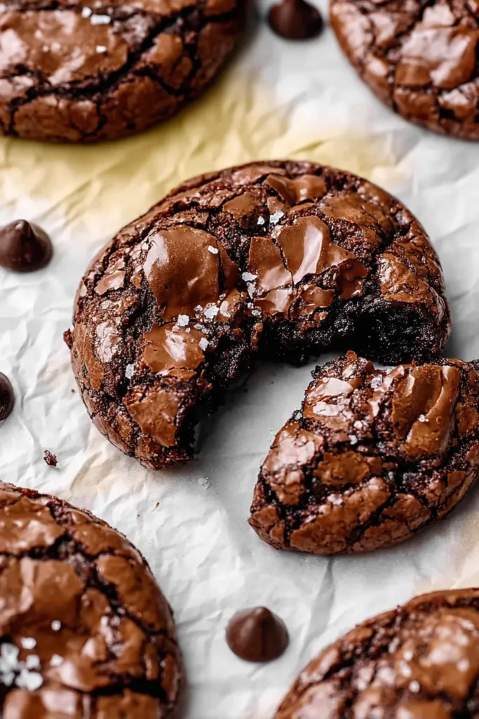Easy fudgy chewy brookie with glossy crackled top and gooey center broken open on yellow parchment.