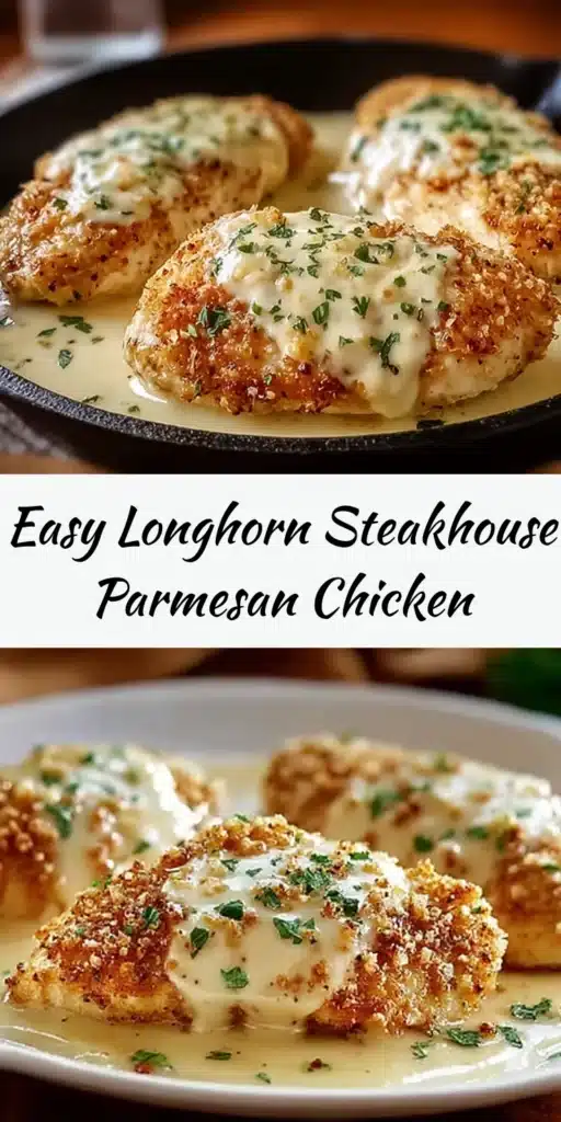  Golden Longhorn Steakhouse Parmesan Chicken topped with melted cheese and herbs in creamy garlic sauce