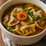 Bowl of easy potsticker soup with dumplings, carrots, and scallions in warm broth