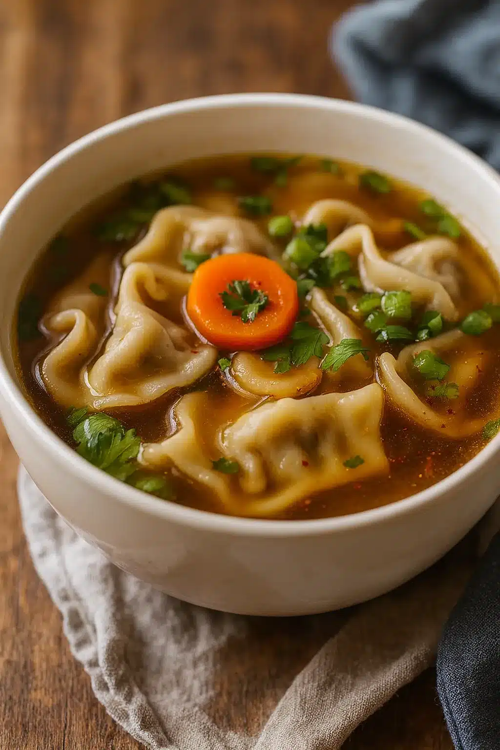 Bowl of easy potsticker soup with dumplings, carrots, and scallions in warm broth