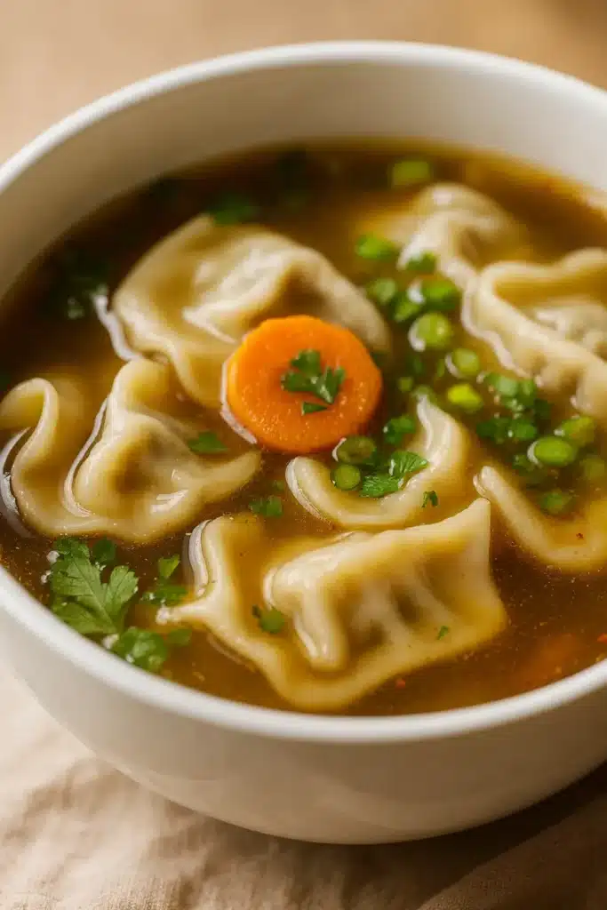 Easy potsticker soup with dumplings, carrots, and green onions in golden broth
