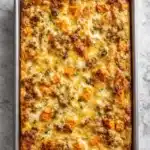 Easy sweet potato egg casserole in baking pan with melted cheese