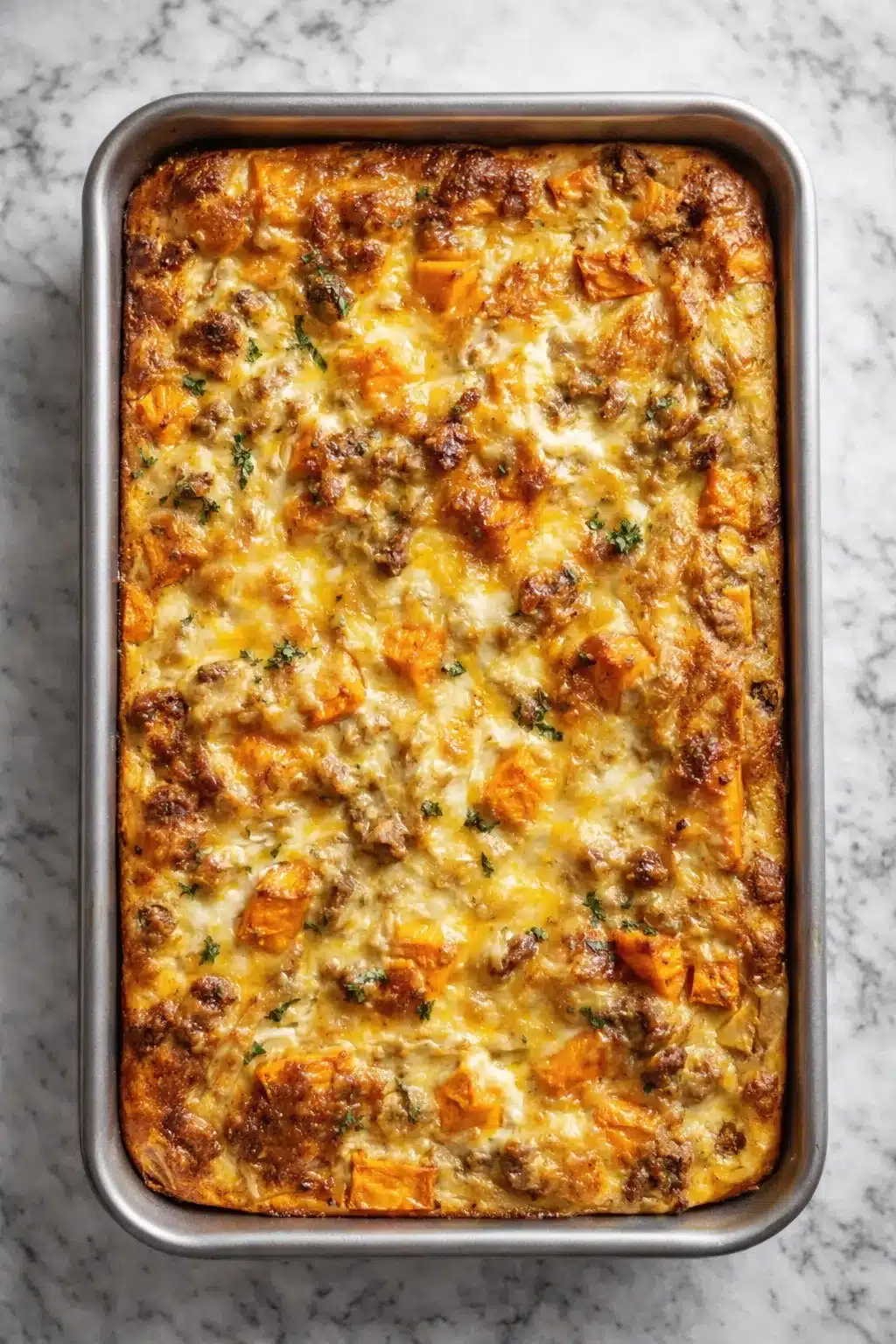 home 12 Easy sweet potato egg casserole in baking pan with melted cheese