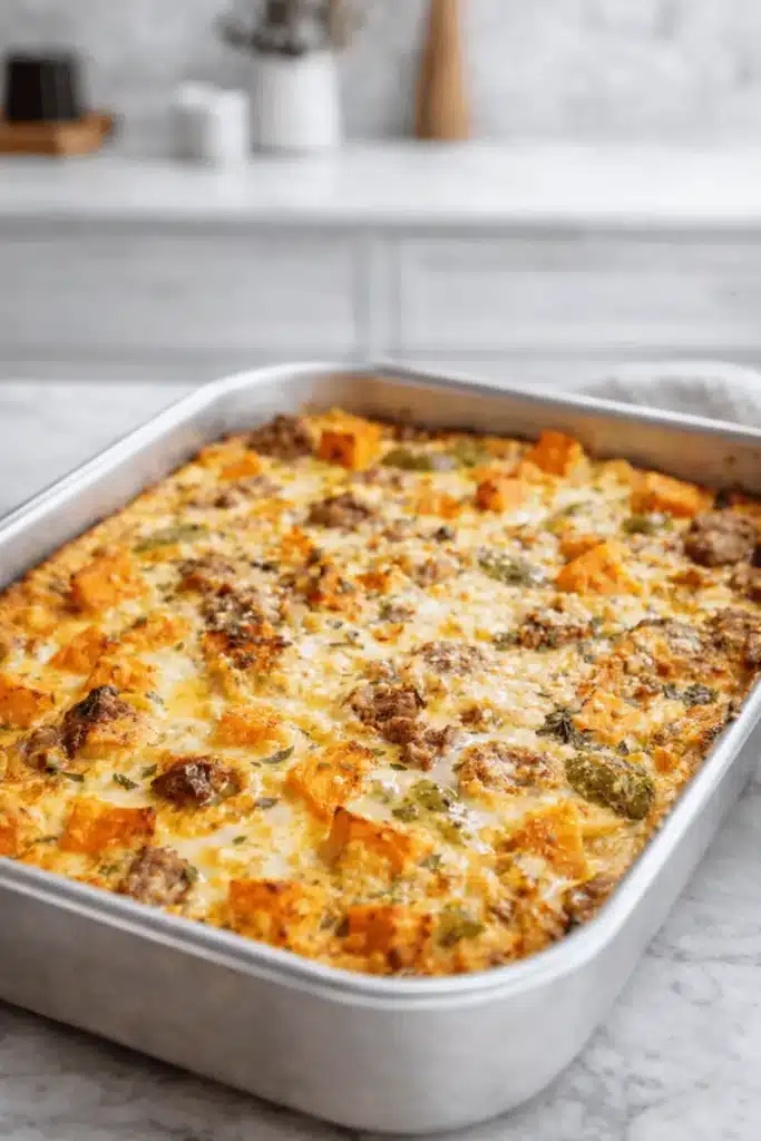Easy sweet potato egg casserole baked in silver pan on marble table