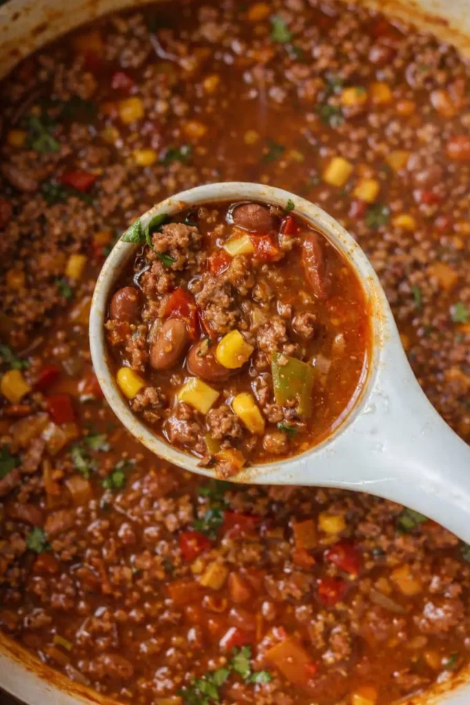 Easy Taco Soup Recipe | Quick & Flavorful One-Pot Dinner 5 Ladle of easy taco soup with beef, beans, corn, and peppers in tomato broth