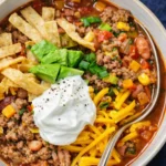 Easy taco soup with beef, beans, cheese, and sour cream in a bowl