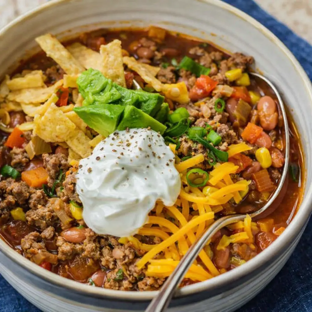Easy Taco Soup Recipe | Quick & Flavorful One-Pot Dinner 6 Easy taco soup with sour cream, cheese, avocado, and tortilla strips in a bowl