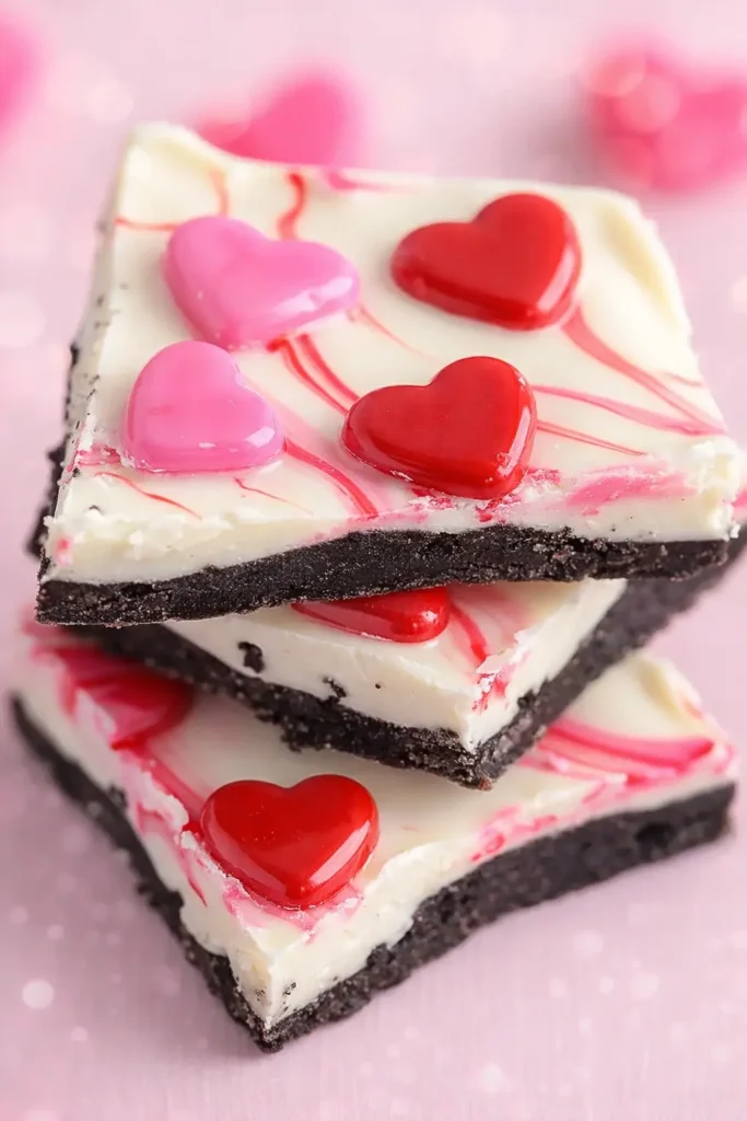 Stacked Easy Valentine’s Oreo Bark with pink and red candy hearts
