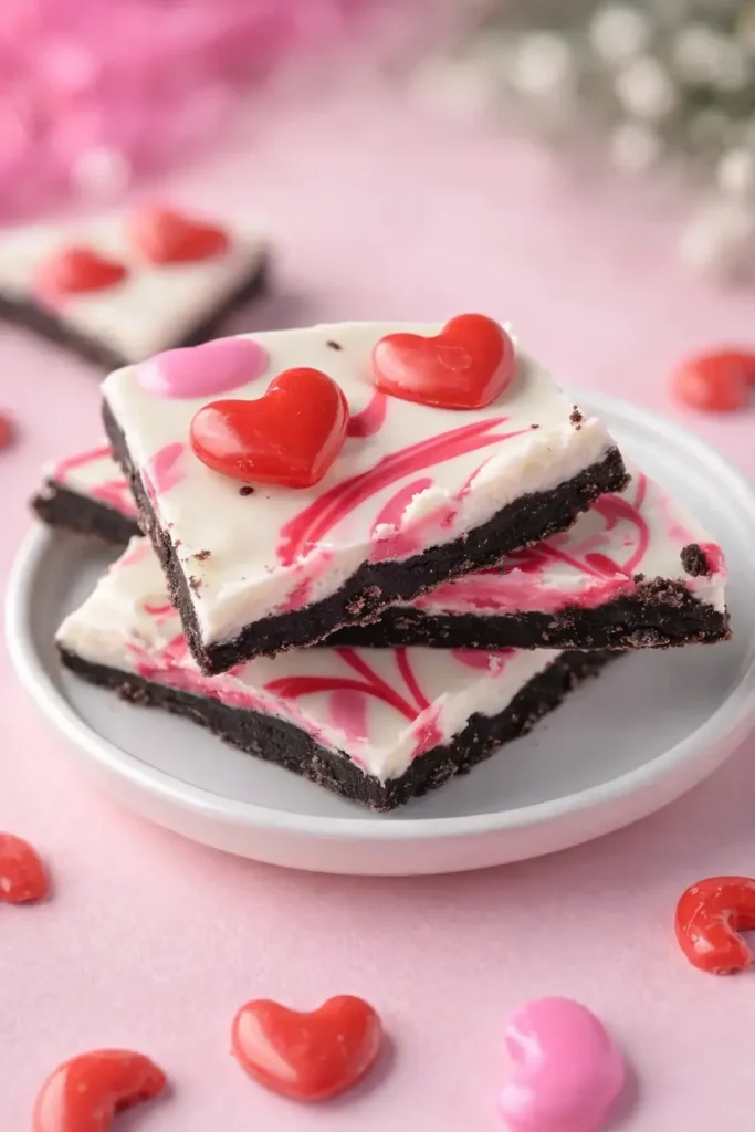 Stacked Easy Valentine’s Oreo Bark with pink and red heart candies