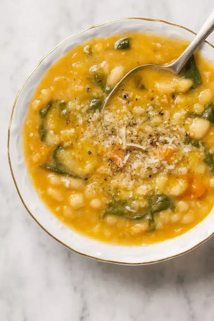 Easy White Bean Soup Recipe | Quick, Cozy & Delicious 9 Easy White Bean Soup Recipe topped with parmesan and olive oil