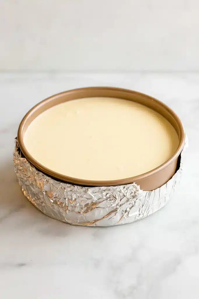 Eggnog Cheesecake – A Creamy, Festive Holiday Dessert 10 Eggnog cheesecake in springform pan wrapped in foil for water bath