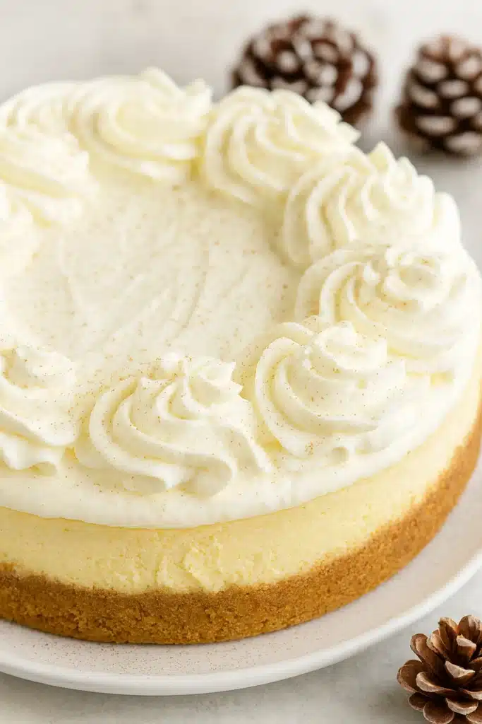 Eggnog Cheesecake – A Creamy, Festive Holiday Dessert 8 Whole eggnog cheesecake topped with whipped cream and nutmeg