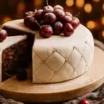 Christmas cake with white fondant, cherries, and silver pearls