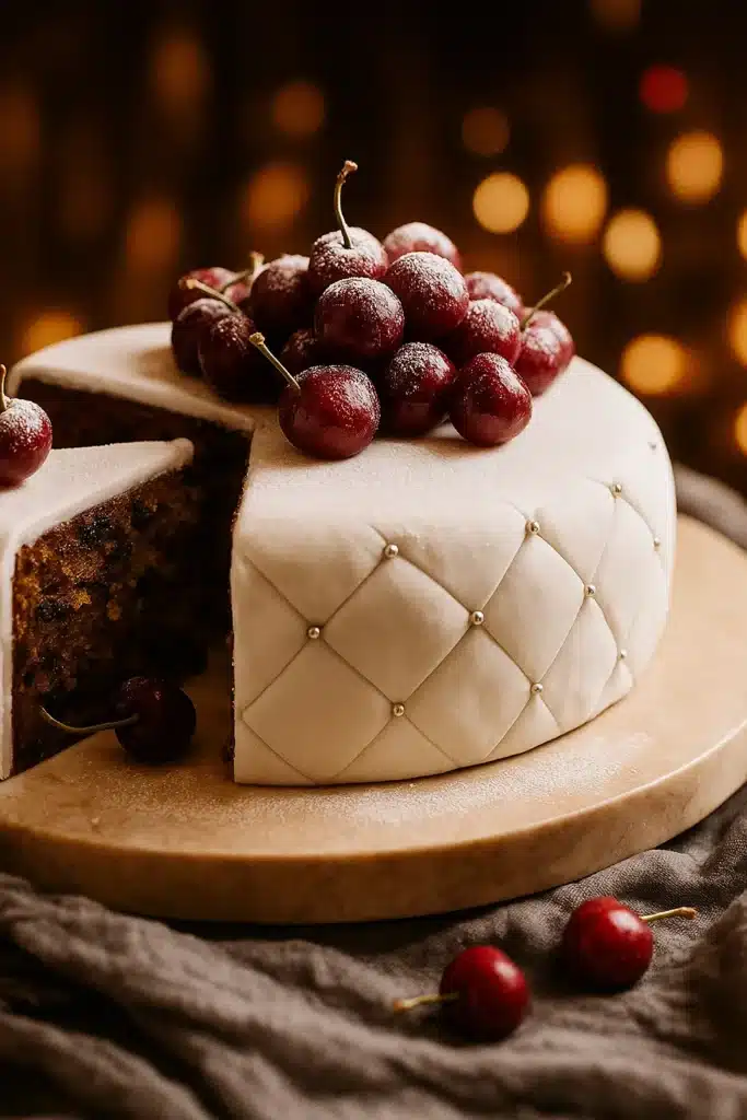 Christmas cake with white fondant, cherries, and silver pearls