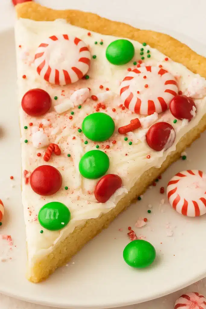Christmas cookie pizza slice with frosting and peppermint candy toppings