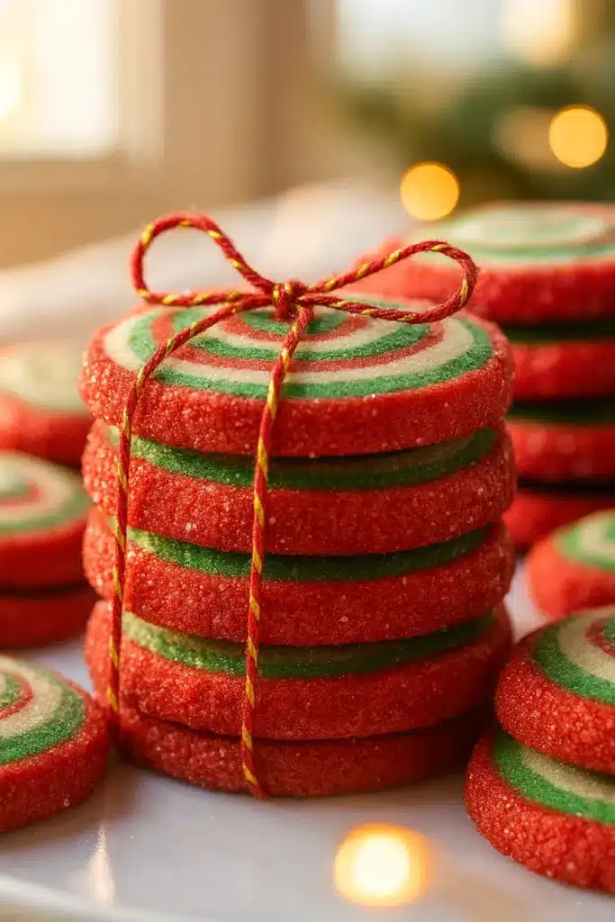 Pinwheel Cookies – A Festive Christmas Cookie Favorite 9 Stack of red and green Christmas pinwheel cookies tied with gold string
