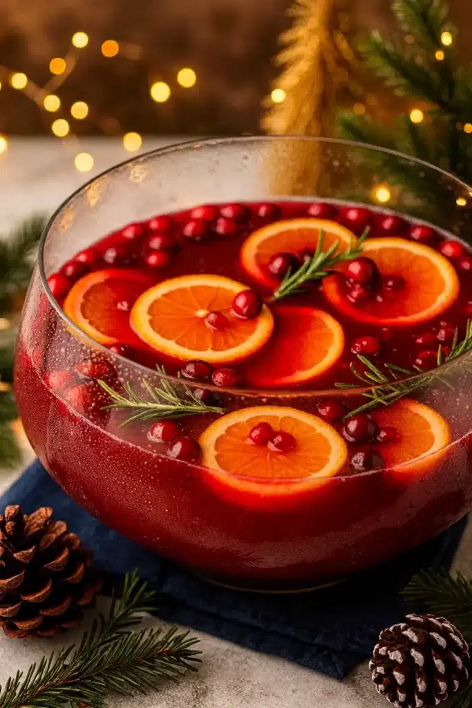 Festive Christmas Punch Recipe: Vibrant Flavor in Just 5 Minutes 8 Festive Christmas punch bowl with oranges, cranberries, and rosemary on white-gray table