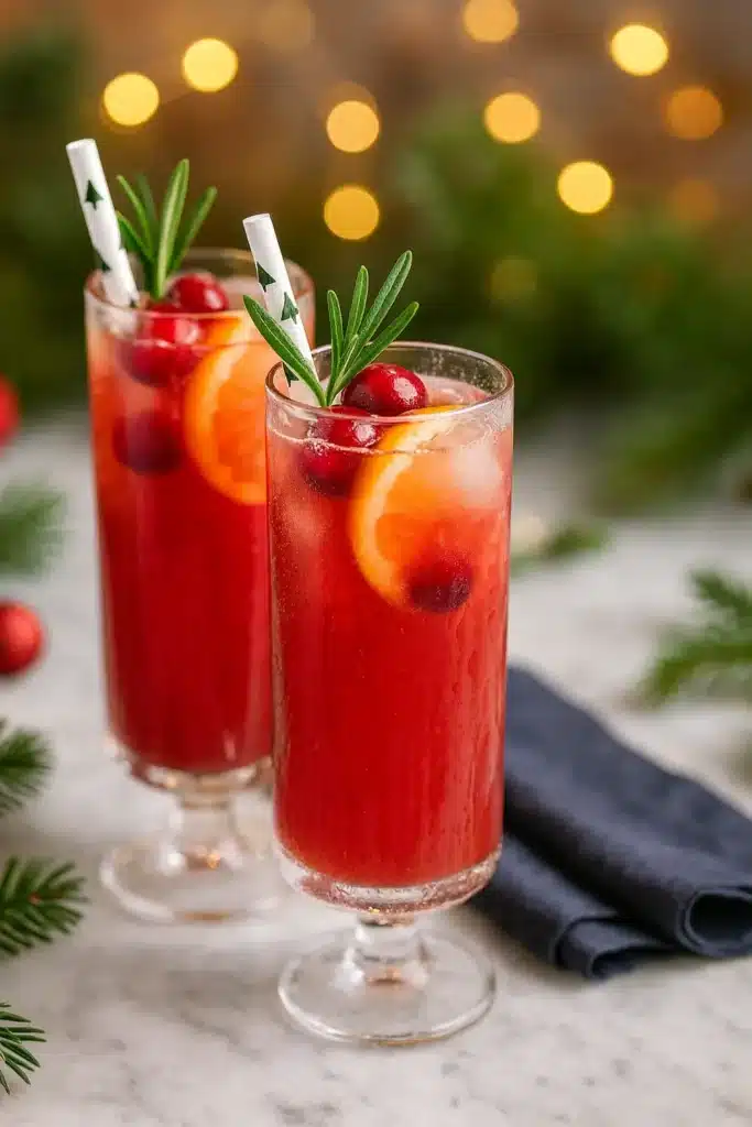 Festive Christmas Punch Recipe: Vibrant Flavor in Just 5 Minutes 6 Festive Christmas punch with cranberries, orange slices, and rosemary in tall glasses