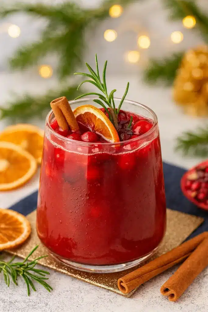 Festive Christmas Punch Recipe: Vibrant Flavor in Just 5 Minutes 7 Festive Christmas punch with cranberries, orange slice, rosemary, and cinnamon