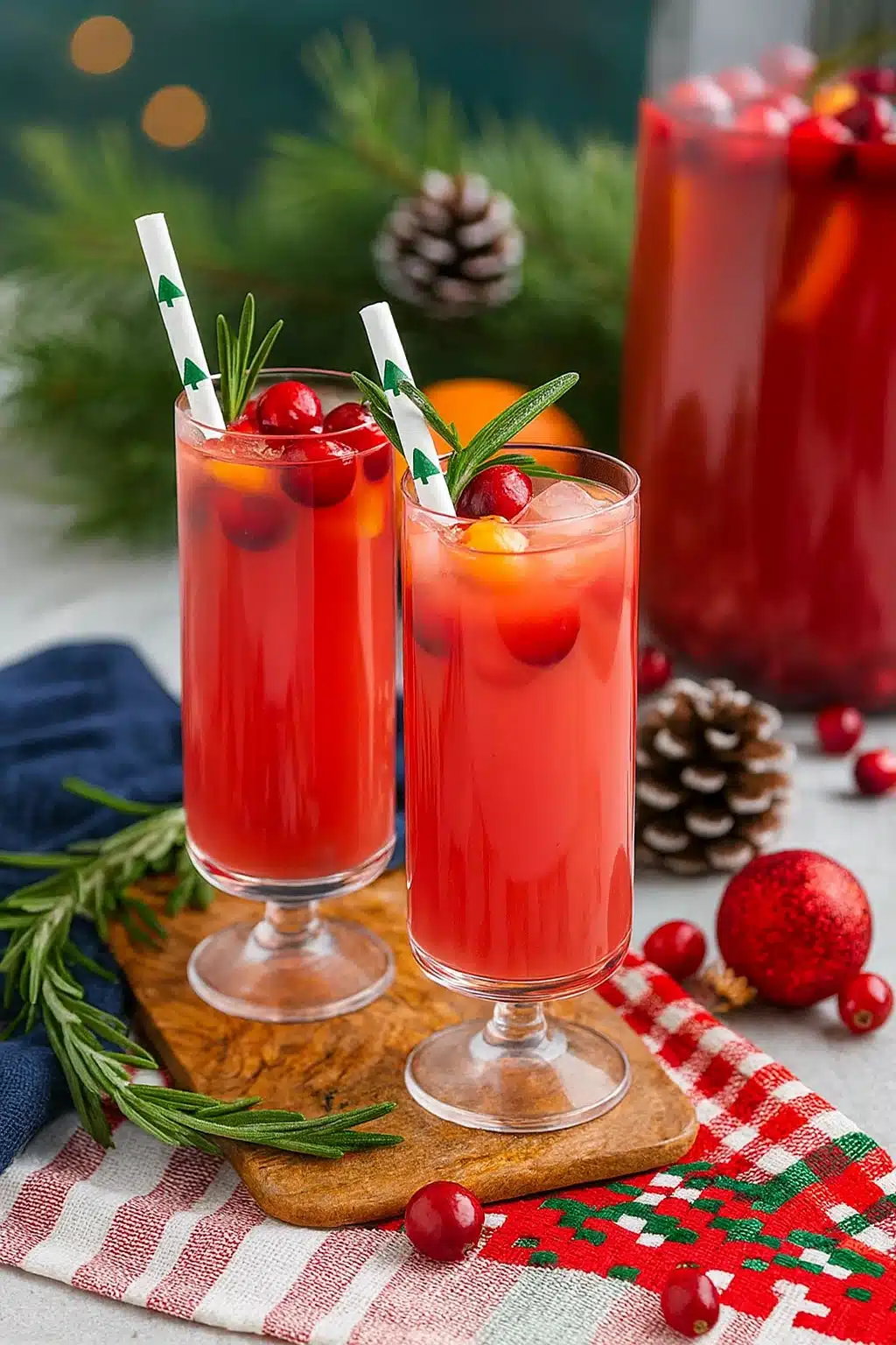 Festive Christmas punch with cranberries, orange slices, and rosemary in tall glasses