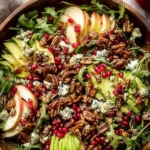 Christmas salad in a wooden bowl with pomegranate, avocado, and candied walnuts