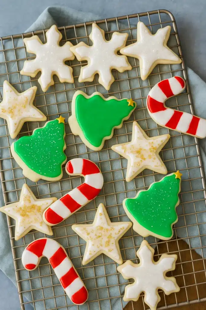 Christmas sugar cookies on cooling rack with icing and sprinkles