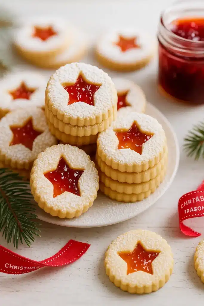 festive jam christmas biscuits on white plate with powdered sugar