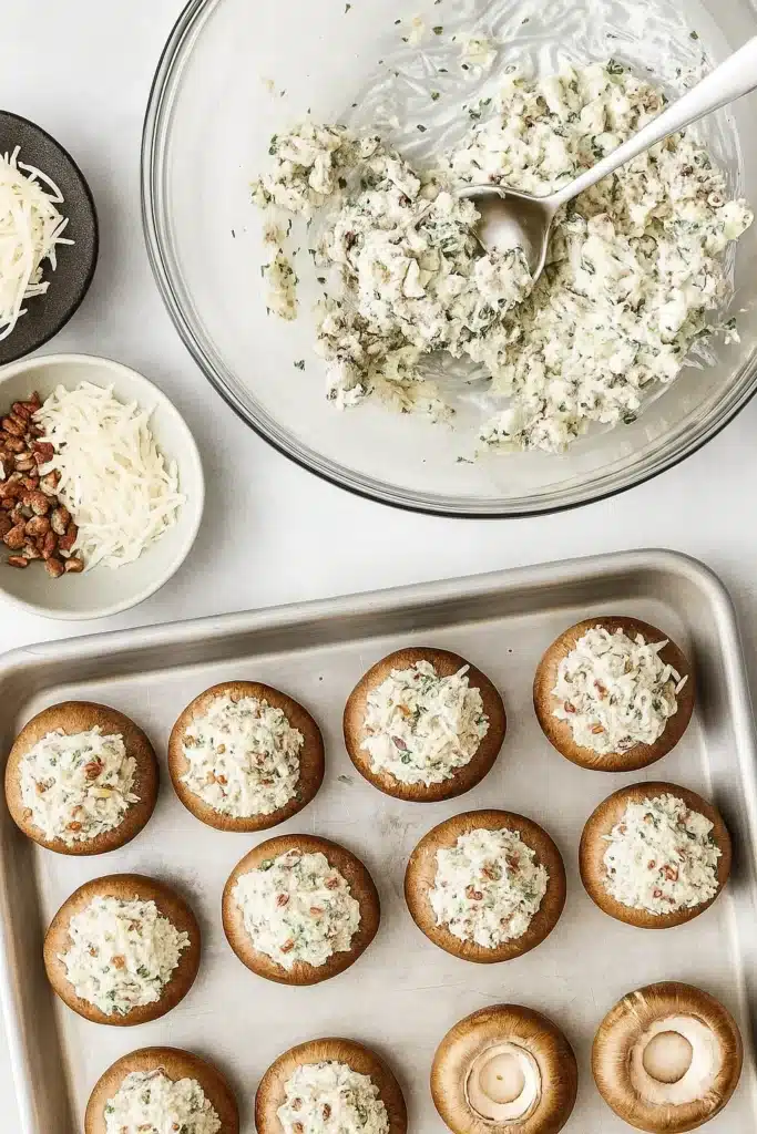 Stuffed mushrooms being filled with creamy cheese and herb mixture