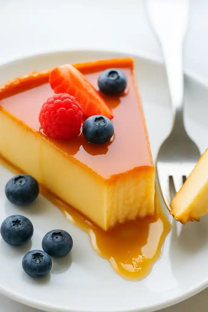 Flan Recipe – The Delightful Creamy Dessert for Christmas 6 Flan Recipe slice topped with berries and caramel sauce