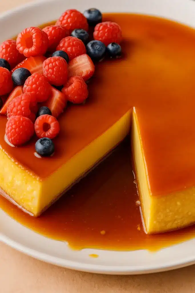 Flan Recipe – The Delightful Creamy Dessert for Christmas 8 Flan Recipe with caramel topping and berries on a white plate
