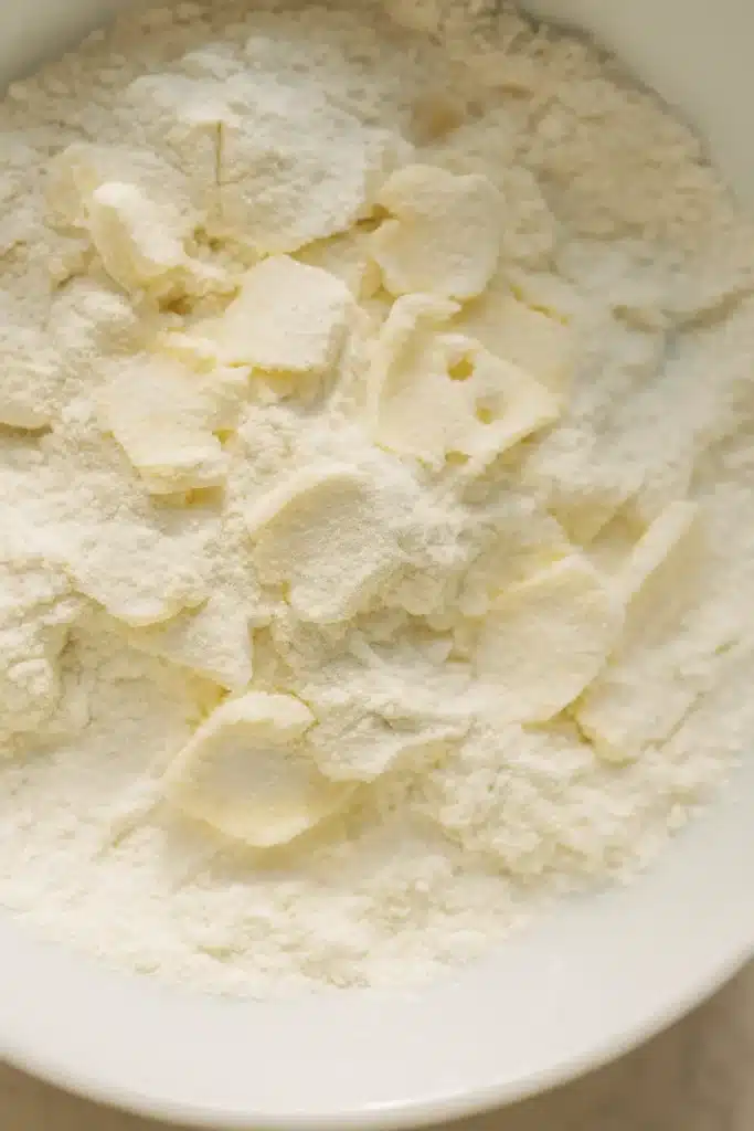 Flour-coated butter flakes in bowl for sourdough discard biscuits