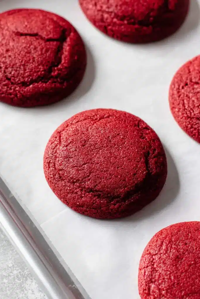 Red Velvet Cupcake Cookies | Irresistibly Soft & Creamy 17 Freshly baked red velvet cupcake cookies on a parchment-lined baking sheet