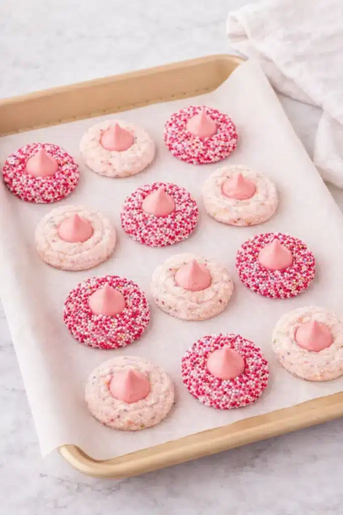  Strawberry Kiss Cookies on baking tray with pink chocolate centers